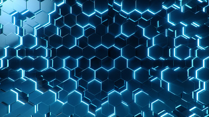Abstract blue of futuristic surface hexagon pattern with light rays. Blue geometric hexagonal abstract background. 3D illustration