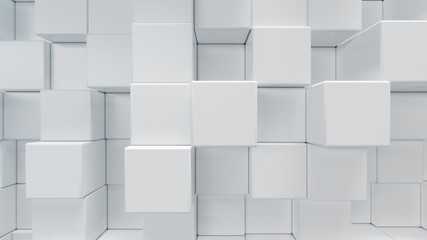 Wall Mural - White geometric cube, cubical, boxes, squares form abstract background. Abstract white blocks. Template background for your design, 3d illustration