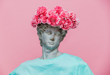 Antique Bust Of Male With Carnations Bouquet In A Hat