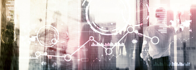 Business interface mixed media double exposure financial chart graph diagram and icon on virtual screen. Innovation concept.