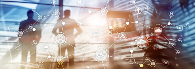 Wall Mural - technology industrial business process workflow organisation structure on virtual screen. iot smart 