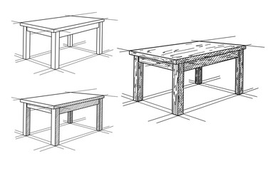 Realistic sketch of different tables in perspective. Table set.