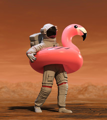 Wall Mural - astronaut with pink float looking for water on mars - 3d illustration