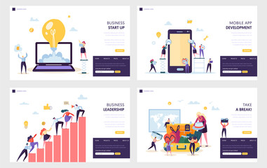 Wall Mural - Business Start Up Landing Page Set. Mobile App Development, Leadership Practical Skill for Guide Team, Vacation after Heavy Work Website or Web Page. Flat Cartoon Vector Illustration