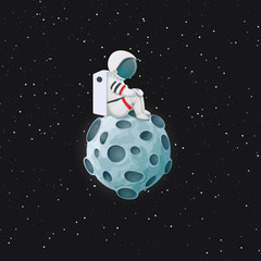 depressed cartoon astronaut sitting on the moon with space and stars in the background. vector. ment
