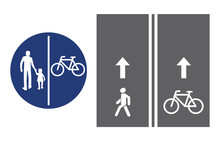 Road Sign, Pedestrian And Bicyclist, Vector Illustration Icon. Circular Blue Traffic Sign. White Image On The Roadbed. White Silhouette Of People, Man And Baby Girl, And Bicycle