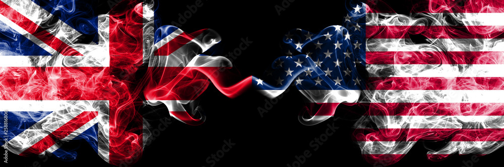 United Kingdom vs United States of America, American smoky mystic flags placed side by side. Thick colored silky smoke flags of Great Britain and United States of America, American. - obrazy, fototapety, plakaty 