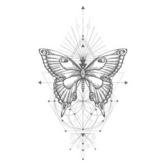 Vector illustration with hand drawn butterfly and Sacred geometric symbol on white background. Abstract mystic sign.