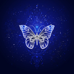 Vector illustration with hand drawn butterfly and Sacred geometric symbol against night starry sky. Abstract mystic sign.