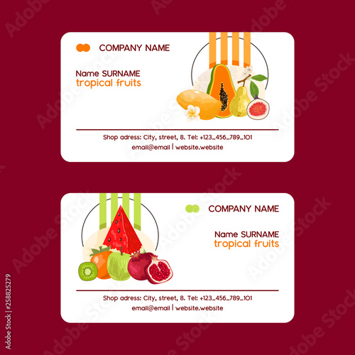 Tropical fruits set of business cards vector illustration. Exotic summer prod...