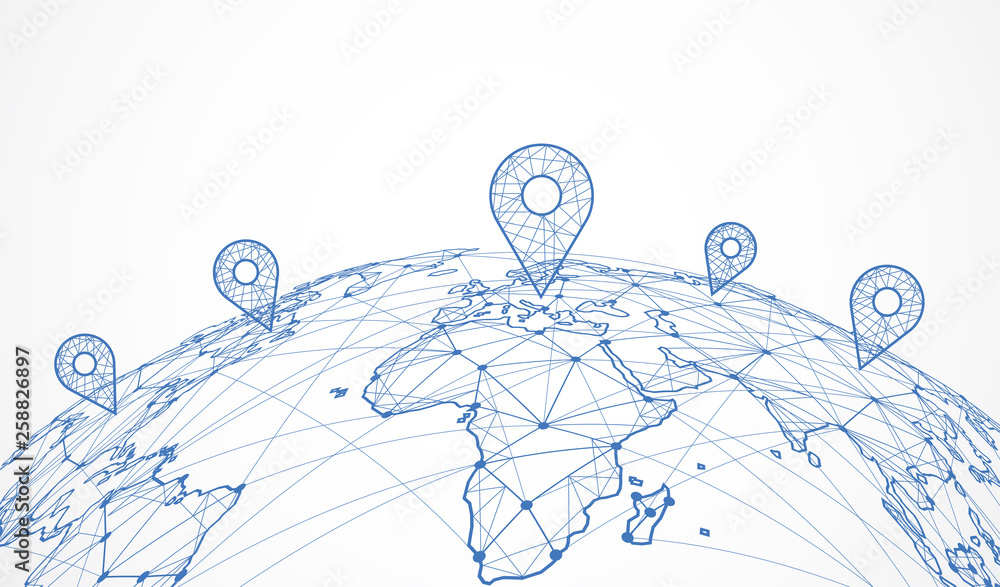 Global network connection. World map point and line composition concept of global business. Vector Illustration - obrazy, fototapety, plakaty 