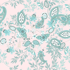  Floral seamless pattern with blue ethnic ornament and florals