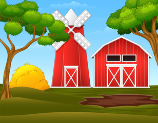 Sticker - Farm landscape with red shed and windmill