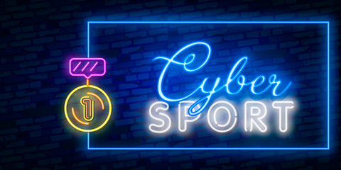 Wall Mural - Cyber Sport Neon Text Vector. Gaming neon sign, design template, modern trend design, night signboard, night bright advertising, light banner, light art. Vector illustration