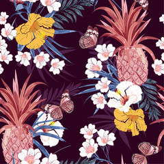 Wall Mural - Colorful retro dark tropical forest exotic flowers bird of paradise ,hibiscus , palm leaves seamless vector pattern,design for fashion,fabric,wallpaper,web and all prints