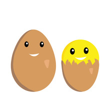 Brown Chicken Egg And Yellow Yolk Cute Smile On White Background