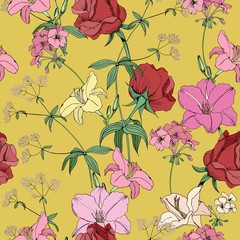 Wall Mural - Yellow seamless floral background with red roses.