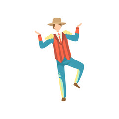 Canvas Print - Young Man in Traditional Bright Costume and Cowboy Hat Dancing at Folklore Party, Festa Junina Brazil June Festival Vector Illustration