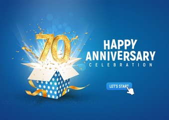 Wall Mural - 70 th years anniversary banner with open burst gift box. Template seventieth birthday celebration and abstract text on blue background vector illustration