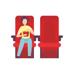 Poster - Young Man Sitting in Cinema Theatre with Popcorn and Watching Movie, Guy Looking at Projection Screen in Cinema Hall Vector Illustration