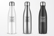 © gomolach - Vector Realistic 3d White, Silver and Black Empty Glossy Metal Reusable Water Bottle with Silver Bung Set Closeup Isolated on White Background. Design template of Packaging Mockup. Front View