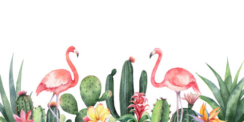 Wall Mural - Watercolor vector banner tropical flowers, Flamingo and cacti isolated on white background.