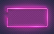 Neon rectangle lamp wall sign isolated on transparent background. Vector pink power glowing bulb banner, light line frame for your design.