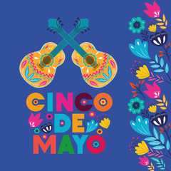 Wall Mural - cinco de mayo card with guitars and flowers