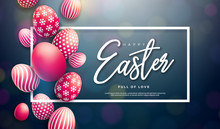 Happy Easter Illustration With Red Painted Egg And Typography Letter On Black Background. International Holiday Celebration Vector Design For Greeting Card, Party Invitation Or Promo Banner.