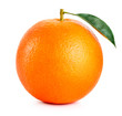 single ripe orange fruit with leaf isolated on white background
