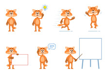 Set Of Cartoon Fox Characters Posing In Different Situations. Cheerful Fox Pointing Up, Running, Jumping, Talking On Phone, Holding Banner, Pointing To Whiteboard. Flat Vector Illustration