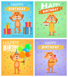 © paper_owl - Set of different birthday posters. Birthday greeting card, placard. Cheerful cartoon fox character holding balloons, cake, pie, cupcake. Birthday celebration. Flat vector illustration
