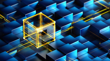 Wall Mural - block chain concept - blockchain cube with connections . 3d rendering