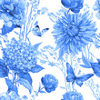 Seamless pattern for fabric,Wallpaper in blue tones .flowers and butterflies .watercolor illustration