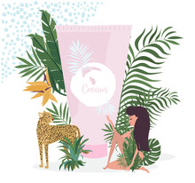 Poster Of Natural Organic Cosmetic Products With Giant Tube For Skin Care, Tropical Leaves, Beauriful Woman And Leopard. Editable Vector Illustration