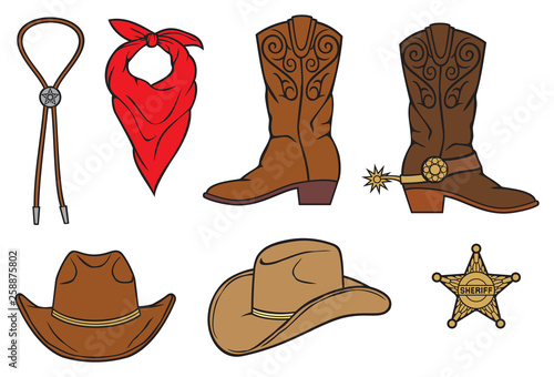 Photographie cowboy vector icons: sheriff badge (star), bolo tie, red bandana, boots