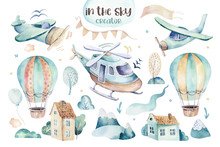 Watercolor Set Background Illustration Of A Cute Cartoon And Fancy Sky Scene Complete With Airplanes, Helicopters, Plane And Balloons, Clouds. Boy Seamless Pattern. It's A Baby Shower Design