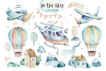 watercolor set background illustration of a cute cartoon and fancy sky scene complete with airplanes