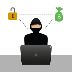 Wall Mural - hacker in the mask with laptop think about money isolated vector illustration EPS10
