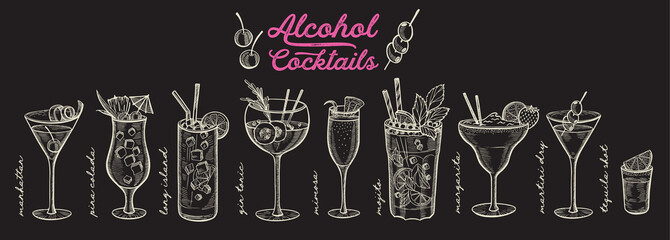 Cocktail illustration, vector hand drawn alcohol drinks