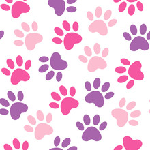 Paw Crimson Print Seamless. Vector Pink Illustration Animal Paw Track Pattern. Backdrop With Silhouettes Of Cat Or Dog Footprint.