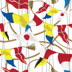 Wall Mural - Modern seamless pattern in nautical style. Multicolored flags on a white background.  Vector illustration