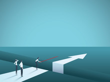 Business Challenge Overcome And Finding Solutions Vector Concept. Woman Building Bridge Over Gap. Symbol Of Creative Teamwork, Innovation, Success And Achievement.