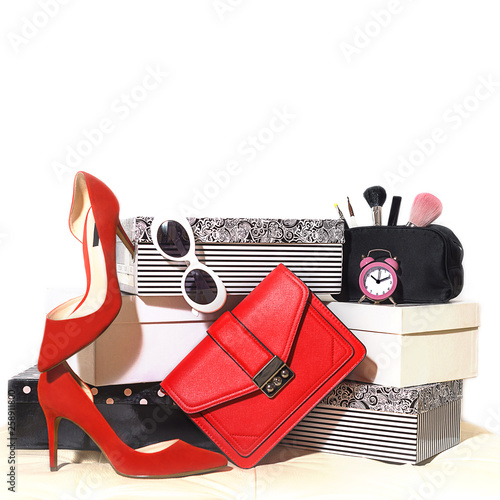red shoes and clutch bag