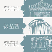 Set Of Three Vector Travel Banners On The Theme Of Ancient Greece With Pencil Drawings Of Greek Attractions In Retro Style. Parthenon, Temple Of Nike Apteros, Acropolis, Athens. Welcome To Greece.