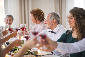 Wall Mural - A big family sitting at a table on a indoor birthday party, clinking glasses.