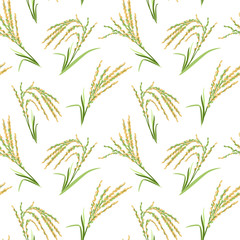 Wall Mural - Ears of rice seamless pattern on white background. Vector illustration of cereals in cartoon simple flat style. 