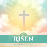 Fototapeta Łazienka - Christian religious design for Easter celebration. Square vector banner with text: He is risen, shining Cross and heaven with white clouds.