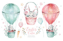 Hand Drawn Watercolor Happy Easter Set With Bunnies Design. Rabbit Bohemian Style, Isolated Eggs Illustration On White. Cute Baby Bunny Rabbit Illustration For Nursery Design