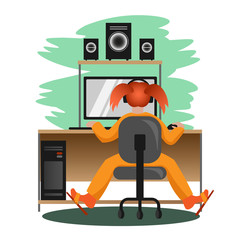 A child is sitting in front of a computer screen at a table in a swivel chair. The red-haired girl in pajamas was inclined to the monitor while she was playing funny. Vector illustration.